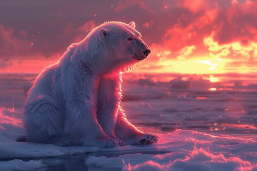 A carnivorous terrestrial animal, the polar bear, sits on a piece of ice, observing the sunset. The scene is like a beautiful painting in the sky, with clouds reflecting in the liquid landscape
