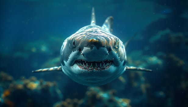 A great white shark with an electric blue hue is swimming gracefully in the underwater world, showcasing its powerful jaw and sleek fin to the camera