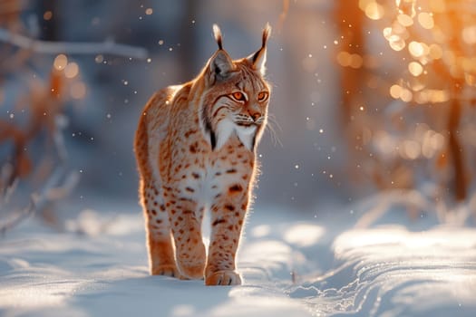 A Felidae member, the Lynx, a small to mediumsized cat and a Carnivore, is walking through the snowy woods. Its fawn coat blending with the snow as its whiskers twitch