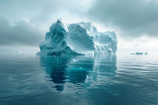 A massive iceberg, made of solidified water, is drifting in the ocean under the open sky, surrounded by fluffy clouds and snowy landscapes of the polar ice cap on the horizon