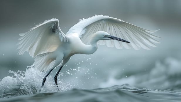 A seabird with white feathers is soaring over the liquid expanse, its wings gracefully cutting through the wind while its beak elegantly points forward