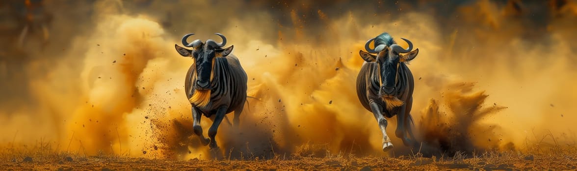 Two wildebeest, a type of pack animal, are galloping across a dusty landscape. Their snouts kick up clouds of dust as they run through the grassy field