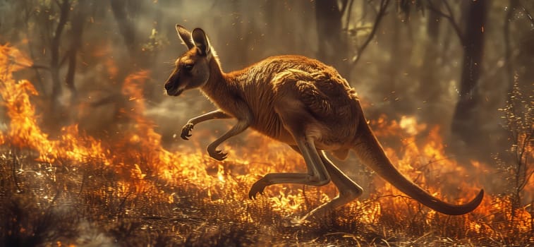 A carnivorous terrestrial animal, resembling a dinosaur, with a tail similar to a dog breed, is running through a field of fire amidst a grassy landscape
