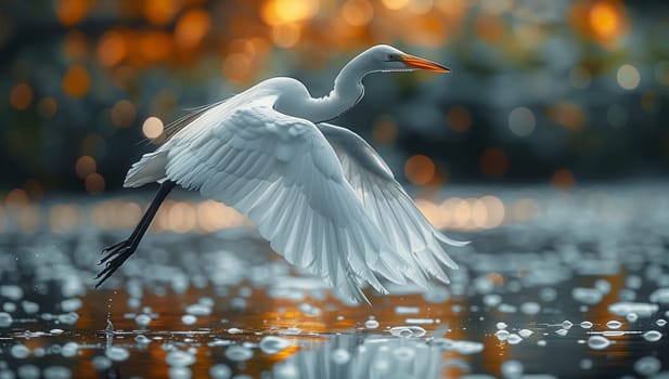 A white heron is perched in the water, its wings outstretched, displaying its beautiful feathers. This seabird gracefully embodies wildlife in its natural habitat