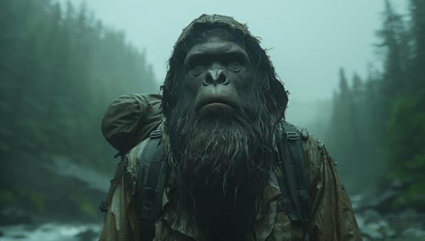 A primate with thick hair and a snout, carrying a backpack, stands by a river in the jungle. This terrestrial animal is an adaptation to wildlife in the woods