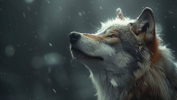 A carnivorous terrestrial animal, resembling ancient dog breeds, the wolf gazes up at the sky in the snowy darkness. Its fur glistens under the soft glow of the moonlight