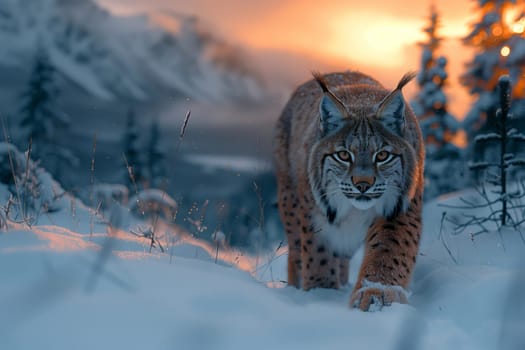 A Felidae Lynx, a carnivorous cat, is gracefully walking through the snowy landscape at sunset under the colorful sky with scattered clouds