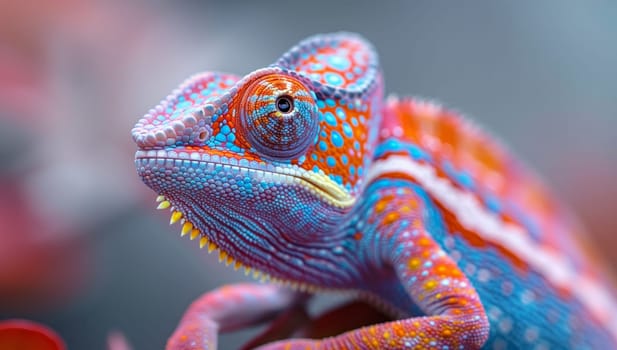 A vibrant chameleon, a scaled reptile, is perched on a red terrestrial plant. The electric blue lizard blends beautifully with its surroundings in this macro photography of wildlife