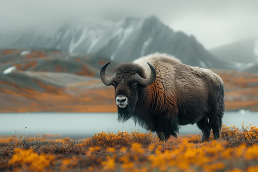 A terrestrial animal, such as a bison or muskox, standing in a field of grass in a highland ecoregion with mountains in the background under a vast sky