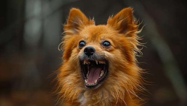 Closeup of a small brown carnivorous dog breed with its mouth open, showing its fawncolored fur, whiskers, and snout. This terrestrial animal is a companion dog