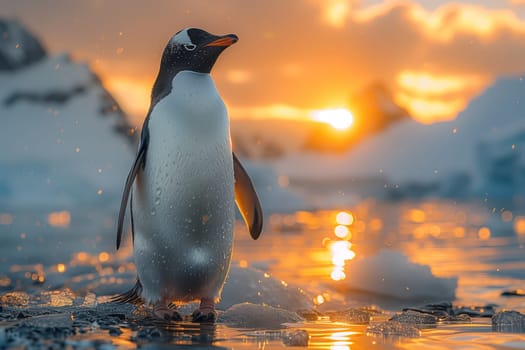 An Adlie penguin stands in the water at sunset, its flightless wings by its side. The birds beak points upwards as it gazes at the colorful sky