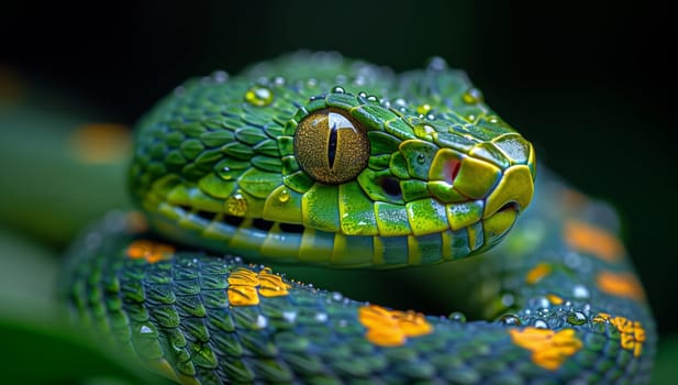 A closeup shot of a green snake with yellow spots on its face, showcasing the beauty of this scaled reptile in its natural habitat. Perfect for wildlife enthusiasts and macro photography lovers