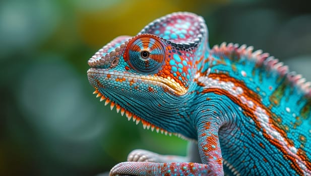 A closeup shot of a vibrant chameleon perched on a branch, showcasing its electric blue scales. The terrestrial animal resembles a scaled reptile