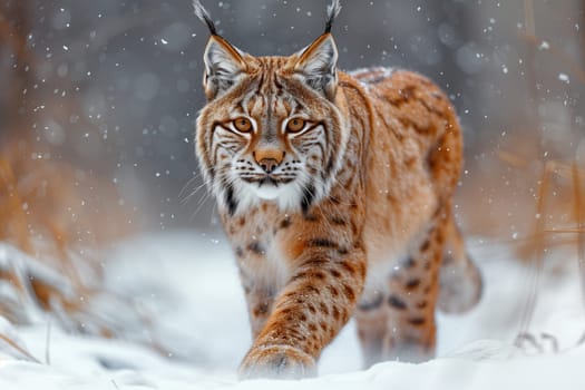 A Felidae carnivore, the lynx, with its whiskers and snout, is a small to mediumsized cat walking through the snowy woods, a terrestrial animal closely related to the bobcat, often preying on fawns