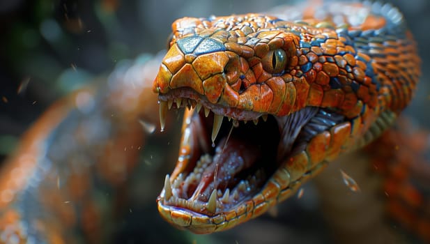 A closeup shot of a reptile with its jaw wide open, showcasing sharp teeth resembling that of a crocodile or alligator. This organism could be a Nile crocodile or American crocodile