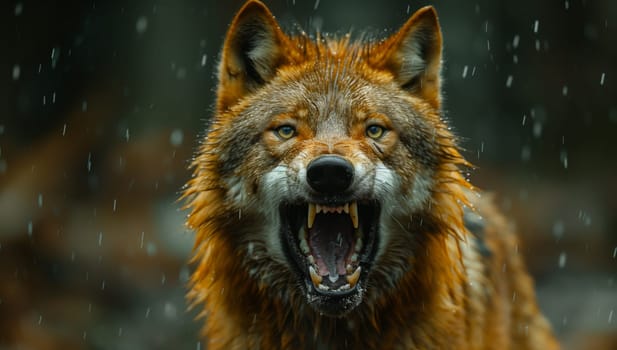 A close up of a carnivore terrestrial animal, a wolf, with its mouth open in the rain, showing its fangs and whiskers, fur wet from the water event