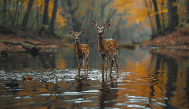 Two deer stand in a river amidst the natural landscape of the woods. The fawn and its mother enjoy the serene beauty of the water and grassy surroundings