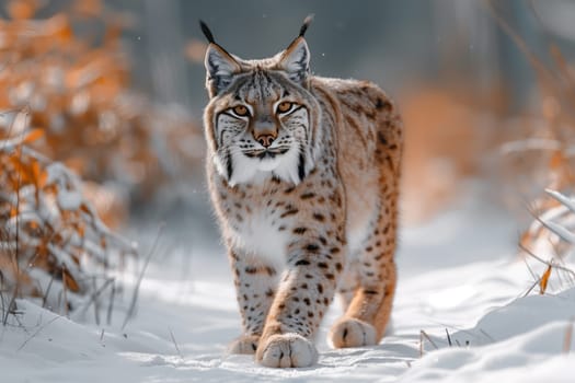 A carnivorous lynx, a member of the Felidae family, with whiskers and a snout, is a terrestrial animal known for walking through the snow in winter