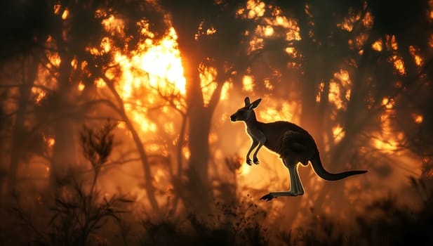 A fawnlike terrestrial animal with a long tail, a kangaroo, is sprinting across the grassy landscape in front of a blazing fire during a nighttime event