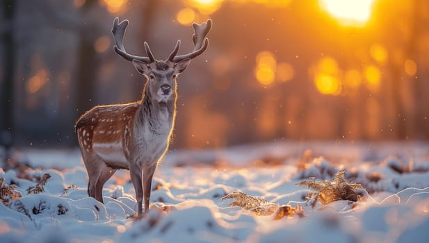 A fawn deer with majestic antlers stands gracefully in the freezing snow at sunset, blending beautifully with the natural landscape