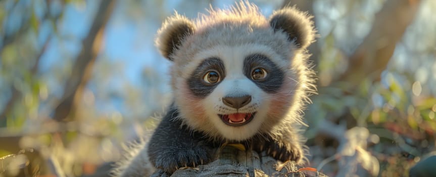 A carnivorous baby panda bear with whiskers is sitting on a rock in the jungle, smiling at the camera. Its fur is fluffy and it looks adorable in the natural landscape