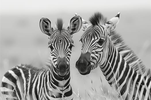 Two zebras with white and black stripes are grazing peacefully in the grassland. Their heads are raised, scanning the plain for any signs of danger
