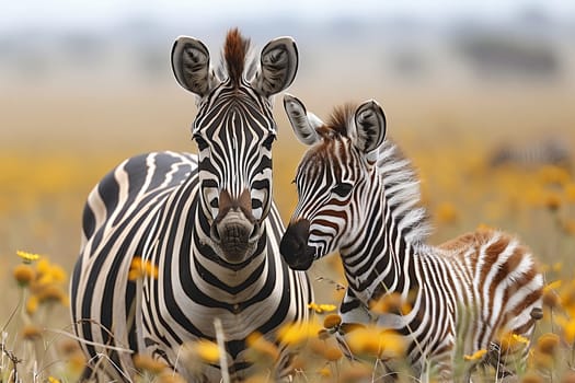 Two zebras are peacefully standing together in a field of vibrant yellow flowers, creating a beautiful scene in the natural landscape of their ecoregion