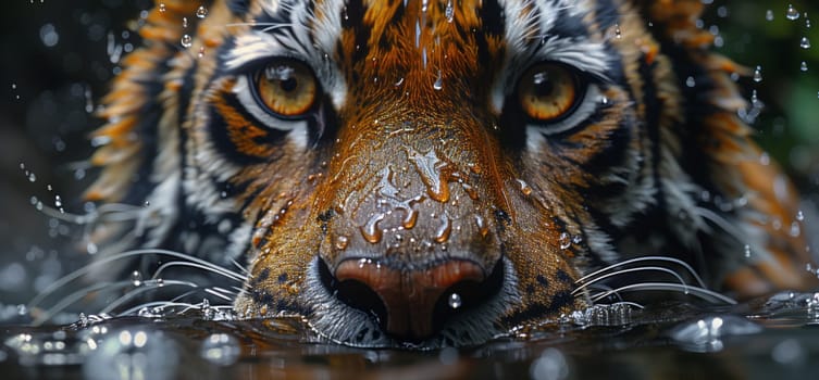 A closeup of a Bengal tigers face in the water, showcasing its whiskers, snout, and adaptation as a terrestrial carnivore. Tigers are big cats in the Felidae family, like the Siberian tiger