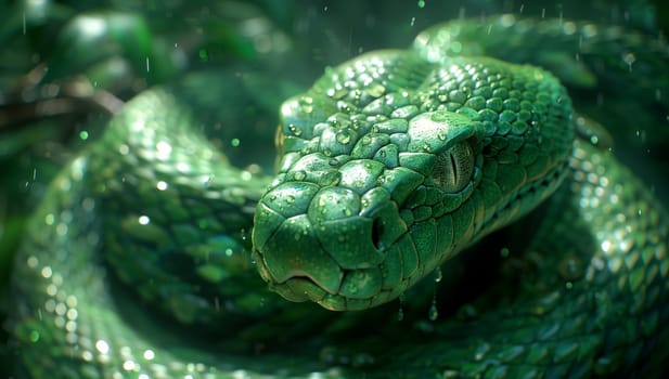 A closeup image of a green scaled reptile, a snake, looking directly at the camera. The snake is surrounded by grass, showcasing its terrestrial habitat