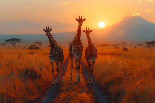 Three giraffes peacefully stand in a field as the sun sets, casting a warm glow over the natural landscape. The sky fills with colorful clouds, creating a beautiful ecoregion
