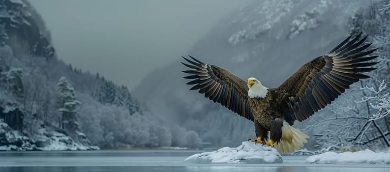 An Accipitridae bird, specifically a bald eagle from the Accipitriformes order, is perched on a snowcovered lake, with its impressive wing span and sharp beak visible