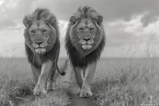 Two Masai lions, big cats of the Felidae family, are strolling through a grassy field under a cloudy sky in a black and white photo