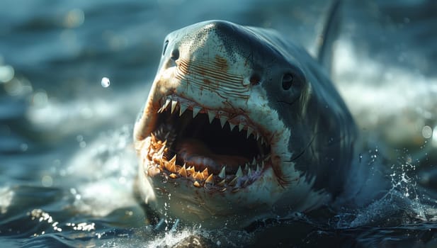 A shark, a marine animal, is swimming in the liquid water with its fangfilled mouth open. This scene showcases the fascinating wildlife behavior studied in marine biology