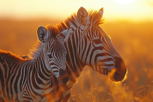 Two zebras are grazing in a grassland next to each other at sunset, their fawnstriped bodies blending into the natural landscape