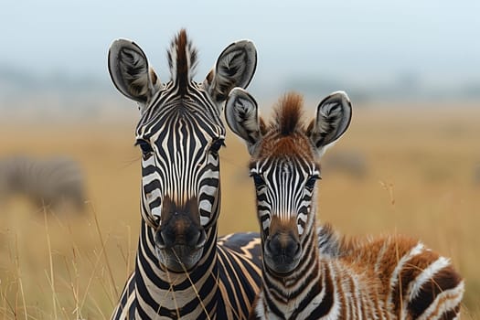 Two zebras, a type of mammal with black and white striped hair, stand together in a grassy field under the open sky, surrounded by a natural landscape with water and plants