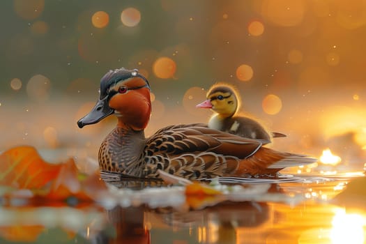 A bird and its offspring, with feathered bodies and beaks, gracefully glide through the fluid element of a body of water, showcasing the beauty of waterfowl in nature