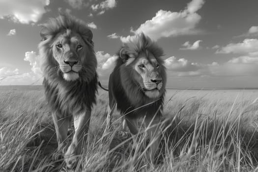 Two Masai lions, a type of Felidae and big cats, are standing together in a grassy field under the vast blue sky with fluffy clouds, showcasing their carnivore nature in this natural landscape