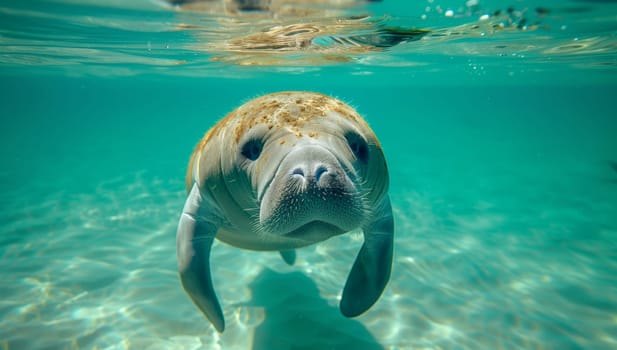 An aquatic organism, the manatee, with a fluid body, is swimming underwater. This marine mammal is looking at the camera with its electric blue fin