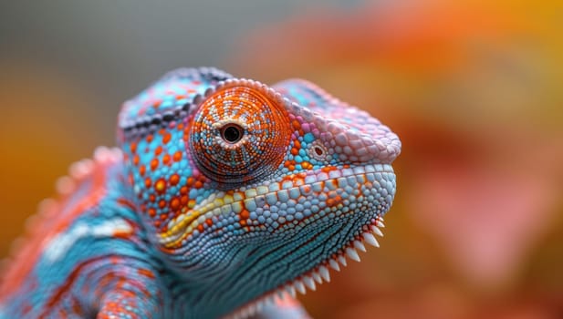 A closeup photo of a vibrant chameleon from the Iguania family, a terrestrial lizard with vibrant scales. This macro photography captures the beauty of this dragon lizard as it looks at the camera