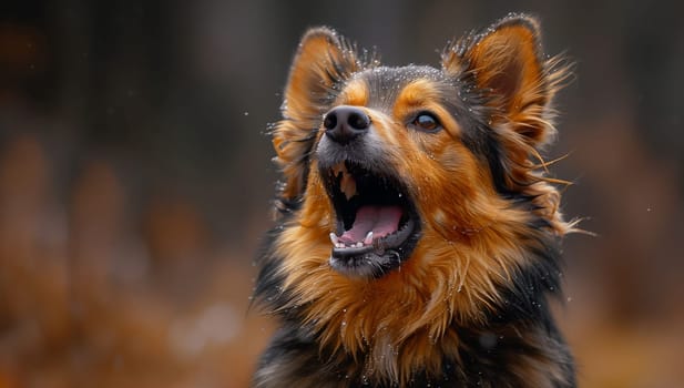 A closeup of a working dog, belonging to the Canidae family, with brown and black fur and its mouth open showcasing its carnivorous nature