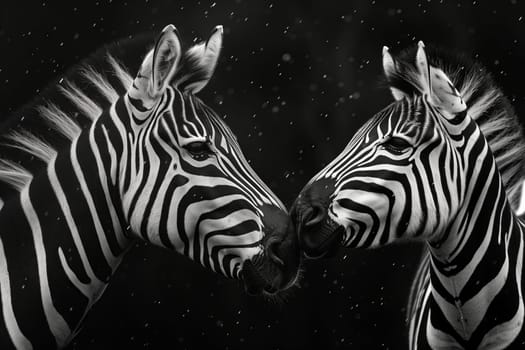 Two zebras are affectionately nuzzling each other in a monochromatic image, displaying their striped hair patterns on their necks and heads