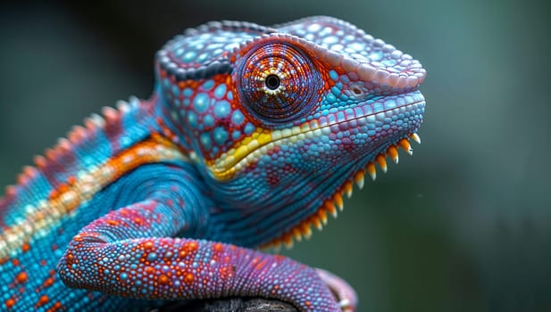 A colorful chameleon, a scaled reptile and terrestrial animal, is perched on a rock, its electric blue eye staring directly at the camera in a closeup wildlife shot