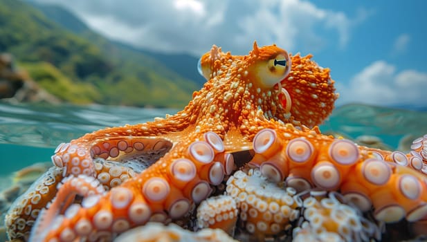 An invertebrate known as an octopus is perched on a rocky mound underwater in the ocean, surrounded by marine life like starfish and other echinoderms