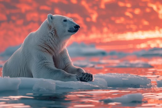 A polar bear, a carnivore terrestrial animal, sits on a piece of polar ice cap in the Arctic Ocean. The liquid water surrounds the majestic animal in its natural landscape