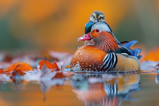 A Mandarin duck gracefully floats on a tranquil lake, with leaves surrounding it. The vibrant feathers and distinctive beak of the bird stand out in the water