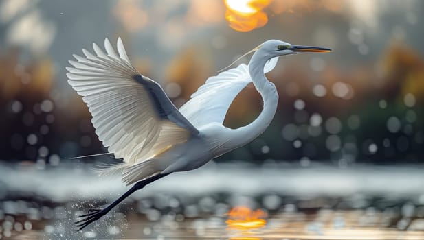 A seabird with white feathers and a sharp beak is gracefully flying over the shimmering body of liquid. Its wings flap in perfect harmony, showcasing its remarkable adaptation to aquatic life