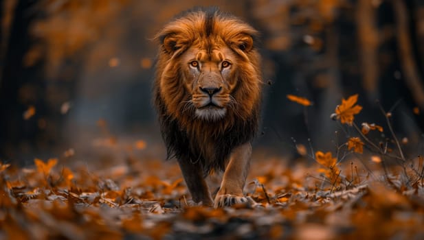 A Felidae Carnivore, the Masai lion, with its distinctive mane, walks through a forest of leaves. This big cat, known for its powerful roar, is a terrestrial animal in its natural landscape