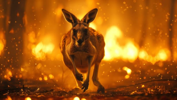 A terrestrial animal, a kangaroo, is fleeing from a forest fire. The landscape is engulfed in flames, creating a dramatic and intense atmospheric event