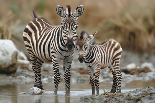 Two zebras are standing next to each other in the water, surrounded by the natural landscape of grassland. Their fluid movements showcase the beauty of these terrestrial animals