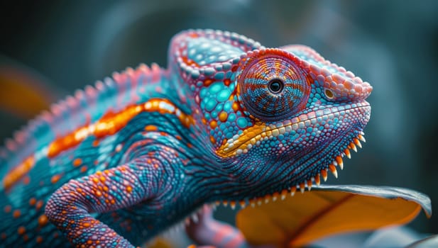 An electric blue chameleon, a scaled reptile, is perched on a green leaf. The closeup shot showcases this colorful terrestrial animal, resembling a creative arts piece
